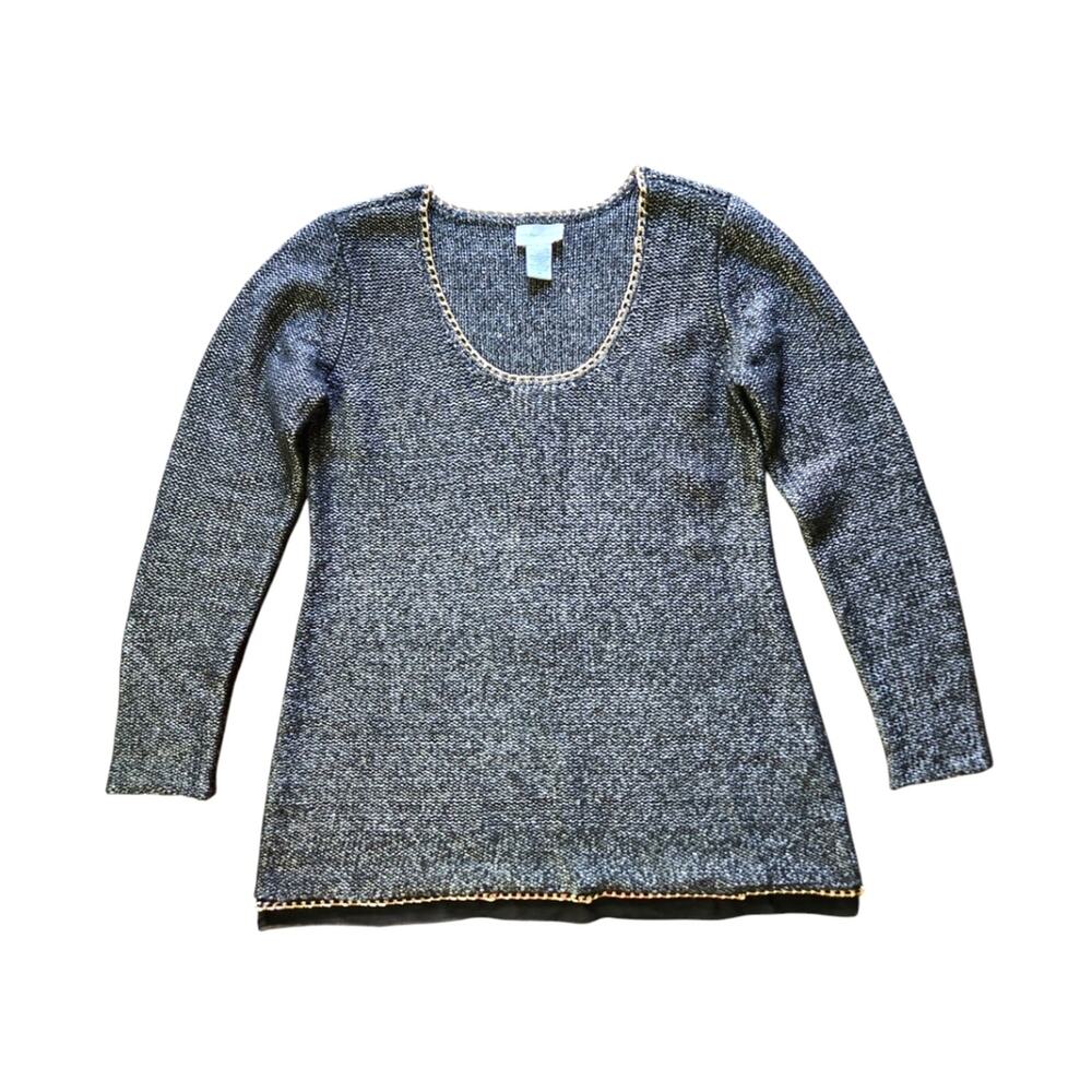 Soft Surroundings Black Knit Mesh Trim Gold Chain Trim Tunic Sweater size M